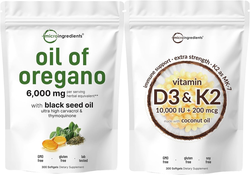 Oregano Softgels의 마이크로 성분 기름 6,000mg 서빙 & 비타민 D3 10,000iu + K2 200mcg 코코넛 오일 Softgels 번들 2 팩 | 4X 힘 Carvacrol & Thymoquinon | 필수 선샤인 비타민