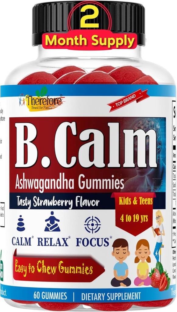 따라서 B.Calm Kids Focus & Attention Gummies - Anti-Stress, Memory, Mood & Relaxation- Natural Calm Ashwagandha for Kids & Teen - 청소년을위한 초점 비타민 - 딸기 맛, 60캐럿