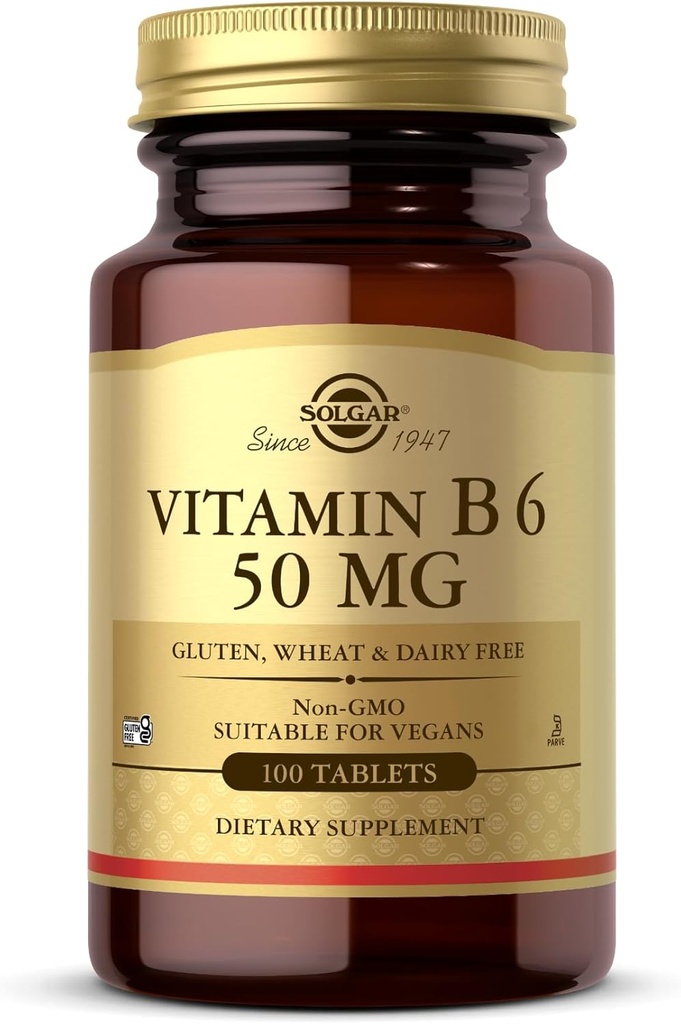 Solgar 비타민 B6 50 mg - 100 정제 - 비 GMO, 비건, 글루텐 무료, 낙농 무료, 고셔 - 100 서빙