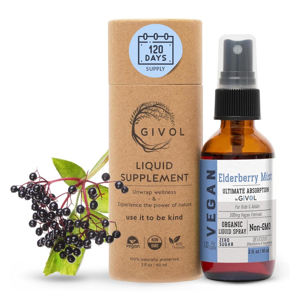 유기 Elderberry 미스트 (Sambucus Nigra) 액체 추출물 - 아이 & 성인을위한 추가 강도 면역 부스트 - 높은 Flavonoid 수준, 쉬운 흡수, 비 GMO, Vegan - 120 일 공급