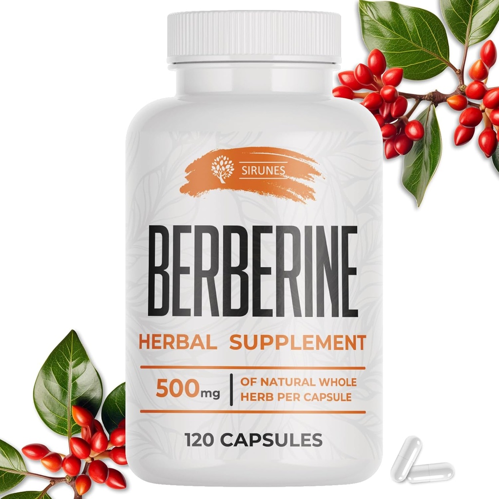 SIRUNES Berberine 보충 – 남자와 여자를 위한 Berberine HCL 규정식 보충교재 – 비 GMO Berberine 500mg – 면역 지원, 심장, 콜레스테롤 수준 120의 캡슐을 위한 이상