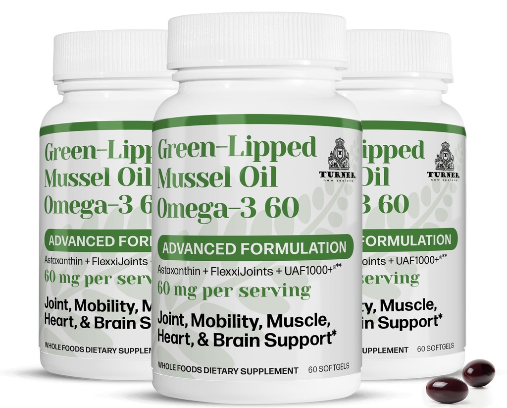 TURNER 뉴질랜드 녹색 Lipped Omega-3 Mussel 기름, UAF1000+ 최고 산화를 억제하는를 가진 53x 높 힘. 피시 애프터트 없음, 3 병, 180 Softgels