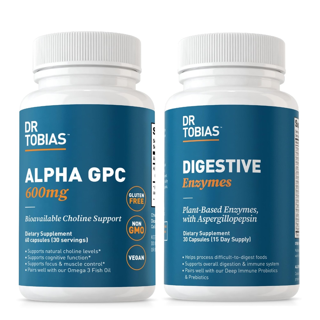 Dr. Tobias Alpha GPC & Digestive Enzymes - Bioavailable Choline Supplement & Premium Enzymes for Digestion, Non-GMO와 함께 일상적인 건강 지원