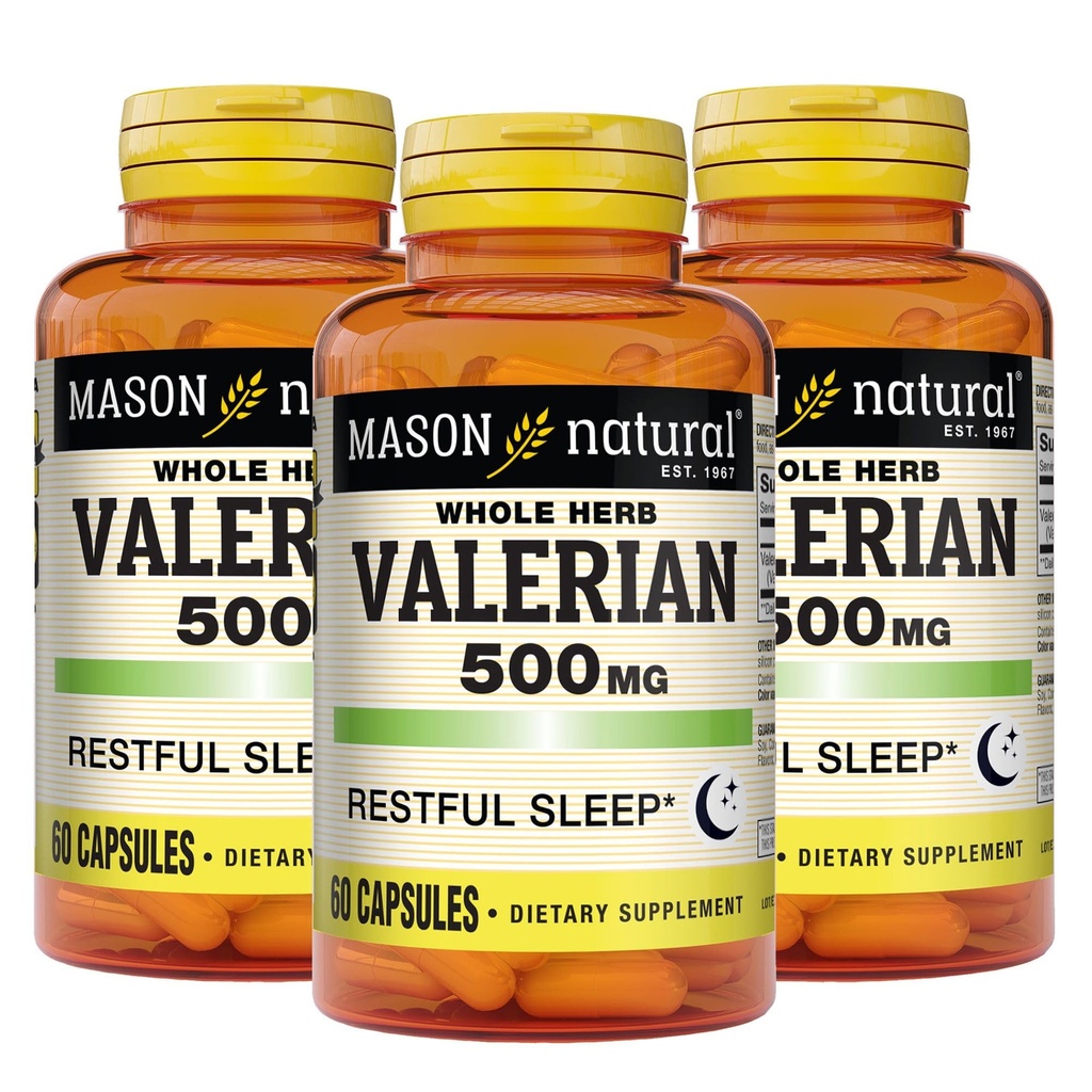 MASON NATURAL Valerian 뿌리 500 mg의 6 달 공급, 자연적인 잠 원조는, 건강한 & 회복 수면, 초본 보충교재, 3 팩을 승진시킵니다