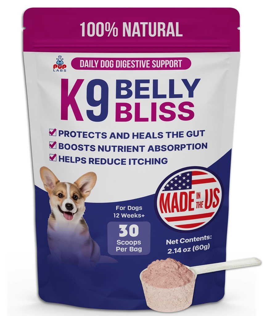 K9 Belly Bliss, 개를위한 모든 자연 Gut 건강, Vet은 매일 소화 지원 및 개 변비 완화를위한 개를위한 Prebiotic을 승인, 건조하고 젖은 식품, 30 국물에 토퍼를 사용하기 쉬운.