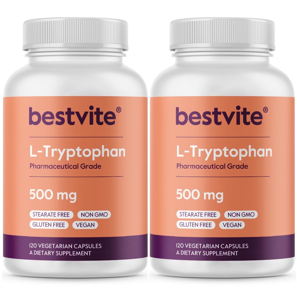 BESTVITE L-Tryptophan 캡슐 당 500mg (240 채식 캡슐) (2-Pack) - NO Stearates - 실리카 없음 - 젤라틴 없음 - Vegan - 글루텐 없음 무료 - 비 GMO