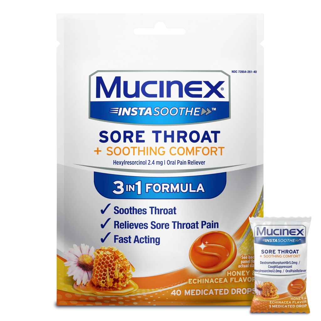 Mucinex Instasoothe Sore Throat Relief Drops, Sore Throat Lozenges, Hexylresorcinol, Cough Drops 대안, 꿀 & Echinacea 풍미, 40 ct와 함께 수염 약