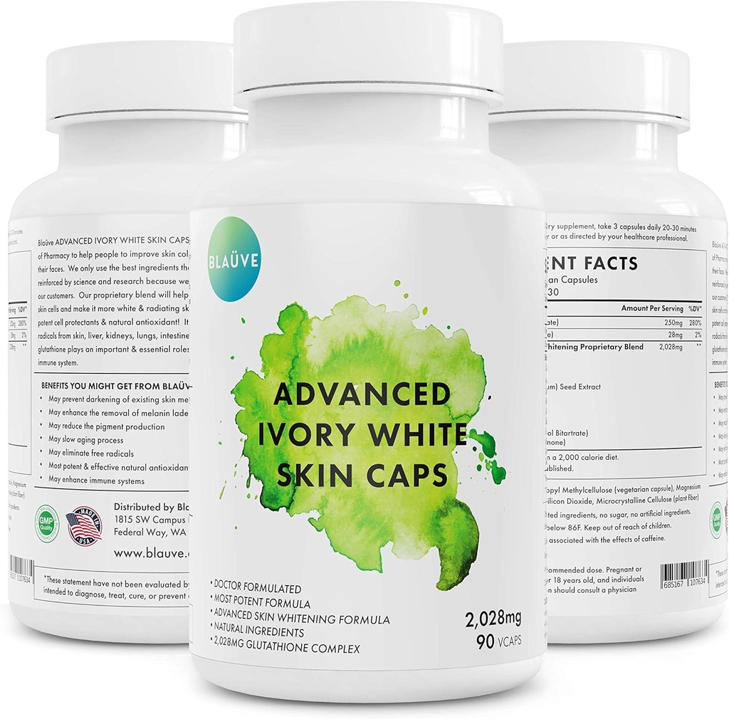 Advanved Ivory 백색 피부 모자 최대 힘 2028 mg 글루타티온 피부 희게 90의 캡슐 - GSH - 제일 Whitener- Whitens/Lightens 당신의 피부 톤 자연 어두운 반점 제거제 배우 공식화