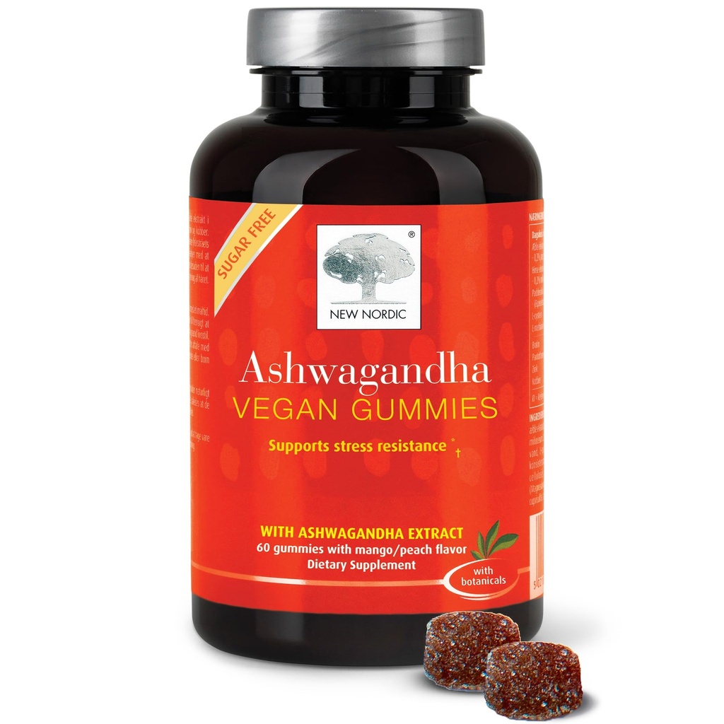 새로운 NORDIC Ashwagandha Gummies, 300 mg Ashwagandha 뿌리 추출물, 설탕 무료, 남성과 여성을위한 어댑터, 맛있는 망고 복숭아, 60 구미