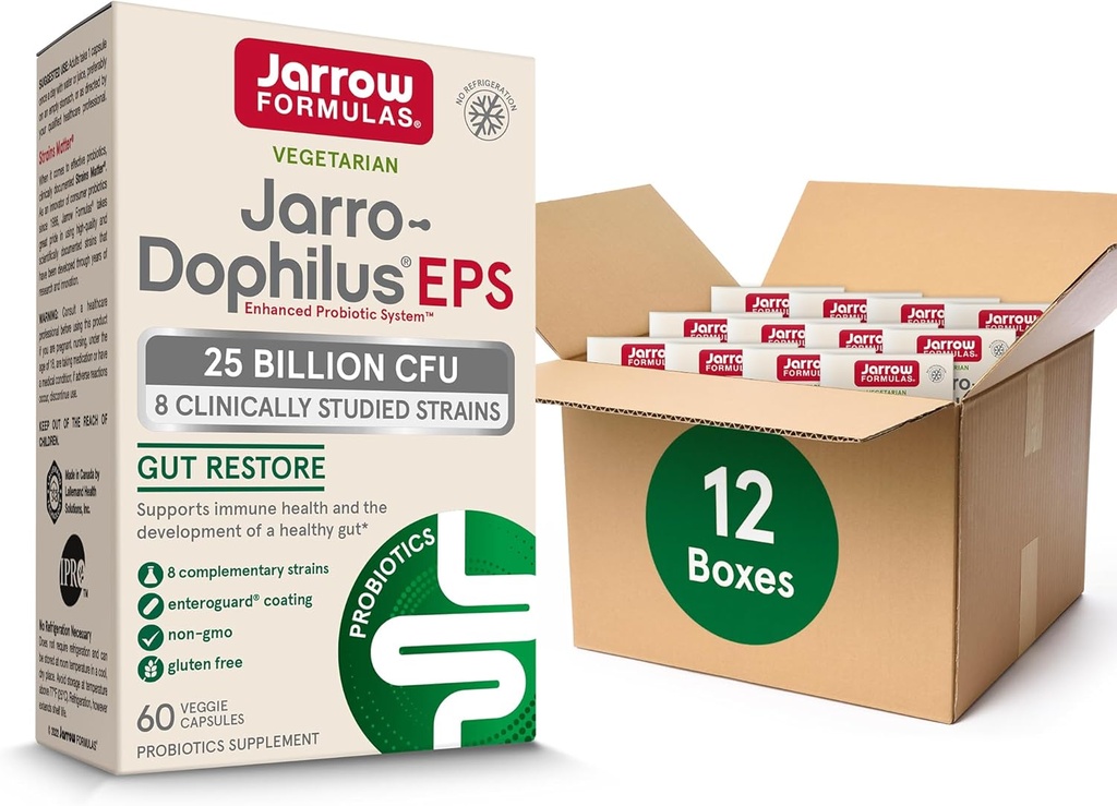 Jarrow Formulas Jarro-Dophilus EPS Probiotics 25 억 CFU intestinal Tract Support, Gut Health Probiotics Women and Men, 60 Veggie 캡슐, 60 일 공급, 12 팩