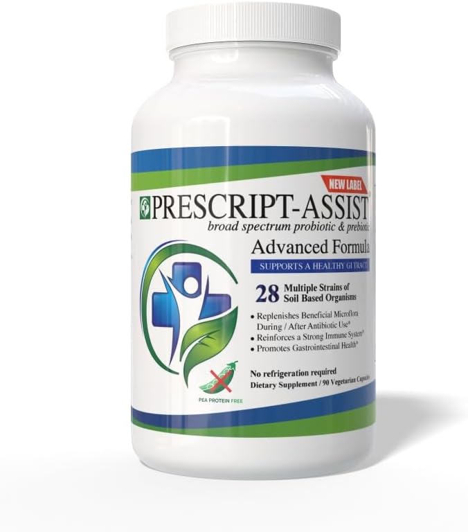 Prescript-Assist Prebiotics & Probiotics for Digestive & Immune Health with No Pea Protein for Quick Absorption - 고급 플랜트 기반, Vegan, 지원 근육 회복 및 과트 건강, 90 캡슐