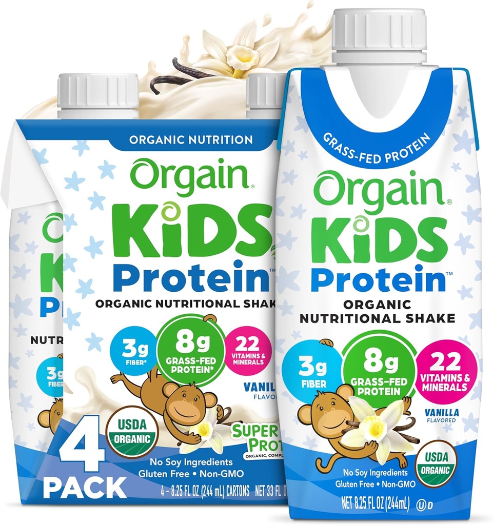 Orgain Organic Kids Protein Nutritional Shake, Vanilla - 단백질 8g, 22 비타민 및 미네랄, 과일 및 야채, 글루텐 무료, Soy Free, Non-GMO, 8.25 Fl Oz (포장 4)