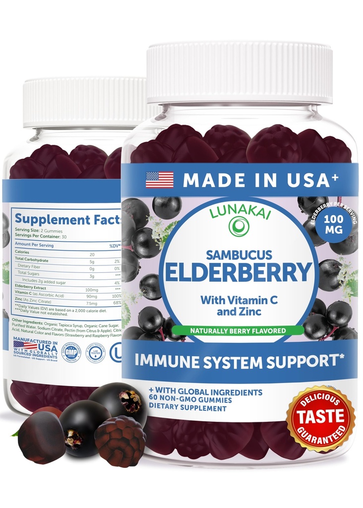 Lunakai USA는 비타민 C & 아연을 가진 성인 & 아이를 위한 까만 Sambucus Elderberry Gummies를 만들었습니다 - 면역성이 있는 지원, 산화 방지제, 비 GMO, 60 Gummies
