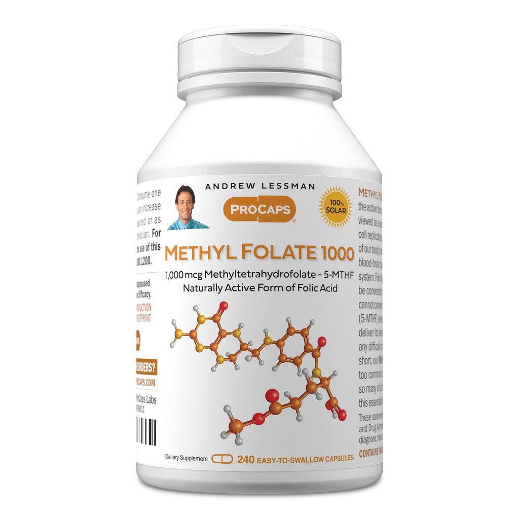ANDREW LESSMAN 메틸 Folate 1000mg - 240 캡슐 - 1000 mcg L 메틸 Folate, 필수 비타민 B9의 유력한 수준. 건강한 심장, 뇌, 면역 및 임신을 지원합니다. 삼키기 캡슐에 쉬운