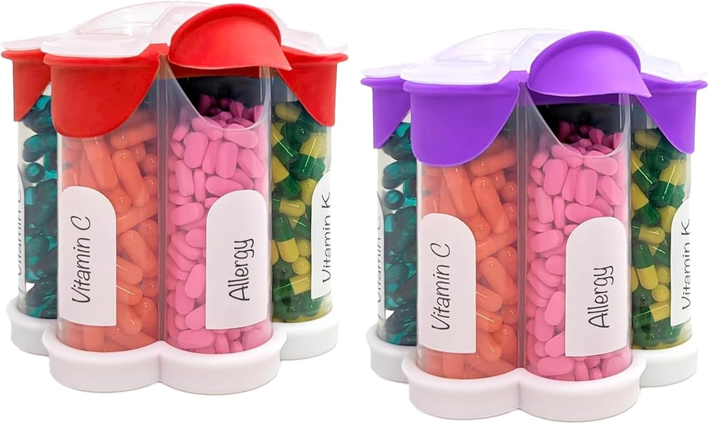 Extra Large Pill 주최자 매일, 주간, 월간 보충 병, 7 XL Compartments (2 팩 콤보)가있는 귀여운 Blossom Pill 분배기 (Purple 및 Red)