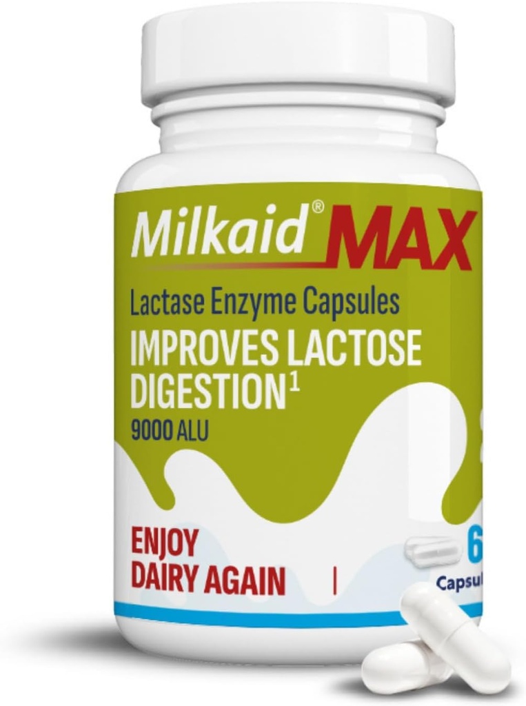 Lactase Enzyme를 가진 Lactose Intolerance 기복을 위한 Milkaid 최대 캡슐은, 가스를 막는 것을 돕기 위하여 규정식 보충교재, Lactose 감도 때문에 Bloating & Diarrhea | 9000 ALU (60의 캡슐, Unflavored)
