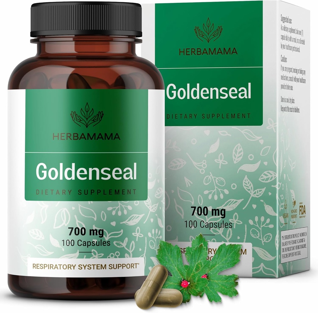 HERBAMA Goldenseal 뿌리 캡슐 700mg - Goldenseal 분말 보충교재를 가진 호흡 체계 & 면역 지원 - Vegan, 비 GMO