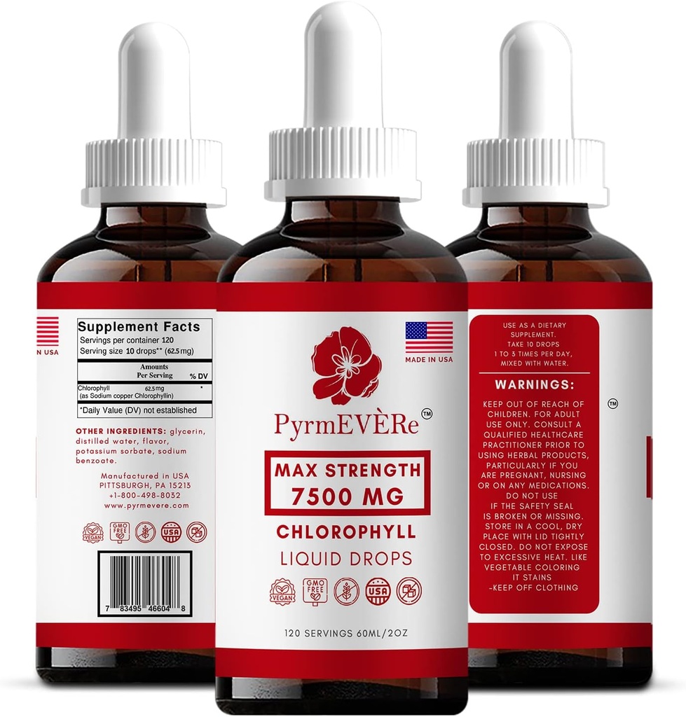 PyrmEVERe Chlorophyll Liquid Drops -미국, 민트 맛, 액체 Chlorophyll | 에너지 부스터, 면역 지원, 천연 탈취제, 고도 진드기 | 비 GMO & Vegan - 120 서빙