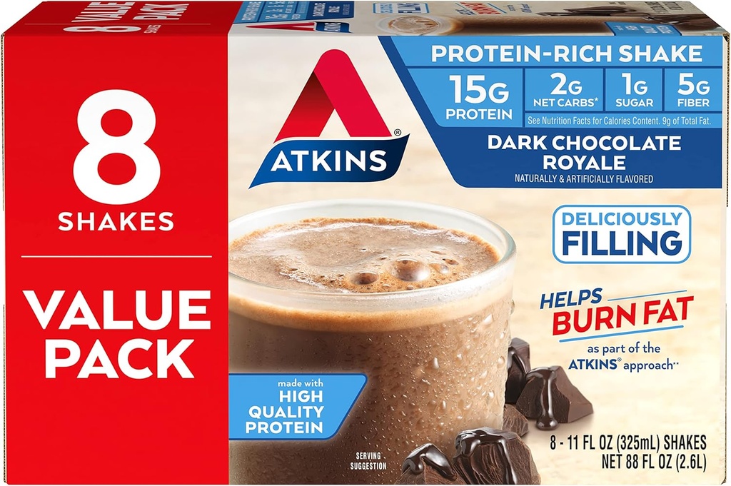 Atkins Gluten 무료 단백질 - Rich Shake, 다크 초콜릿 로얄, Keto-Friendly, 8 개 (팩 1)