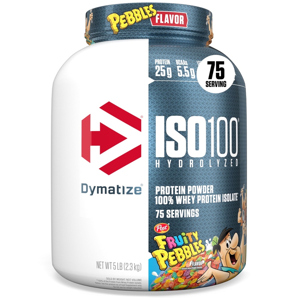 Dymatize x 과일 Pebbles ISO100 Whey Protein Powder Isolate, 단백질 25g, 5.5g BCAAs, 120 Cal., 글루텐 무료, 1g 지방, 1g 설탕, 2g Carb (75 서빙)