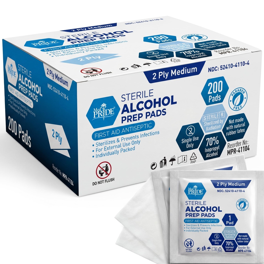 MED PRIDE Sterile 알콜 Prep 패드, 무균, 70% Isopropyl, 개별적으로 감싸인, 의학 급료 2 Ply 닦음 (200의 조사 1) 백색의 포장)