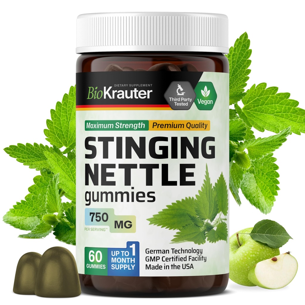 BIO KRAUTER Sting Nettle Gummies - 7500 mg의 강도 - 60 Chews - Nettle Root 10 : 1 추출물 - Urinary Support Supplement - Vegan Gummies Gelatin-Free Formula