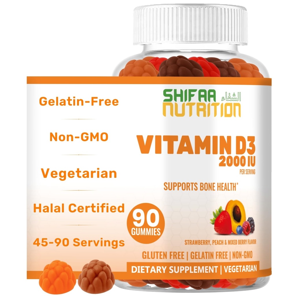 SHIFAA NUTRITION 채식 비타민 D3 성인 및 어린이 용 구미 | 45-90 인분, 2,000IU / 1,000IU | 비 GMO, 글루텐 프리, 젤라틴 프리 | 지원 뼈, 근육 및 면역 체계 Halal 비타민