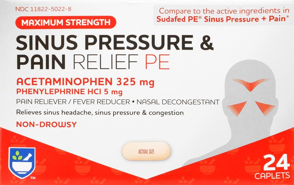 Rite Aid Sinus Pressure and Pain Reliever PE, Non-Drowsy - 24 Tablets | Sinus Relief | Pain Relief | Nasal Decongestant | 성인용 냉약 | 알레르기 약물 | 알레르기 완화 | Mucus Relief