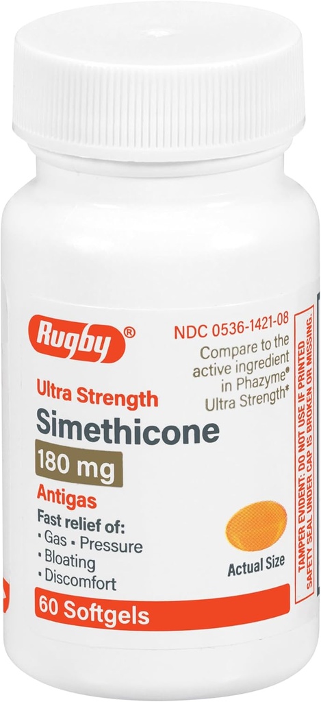 럭비 매우 힘 Simethicone 가스 기복 180 mg - 성인을 위한 최대 가스 기복 - Flatulence, Bloating, 가스 Fullness의 증상에 도움 - 60 Softgels (1 팩)