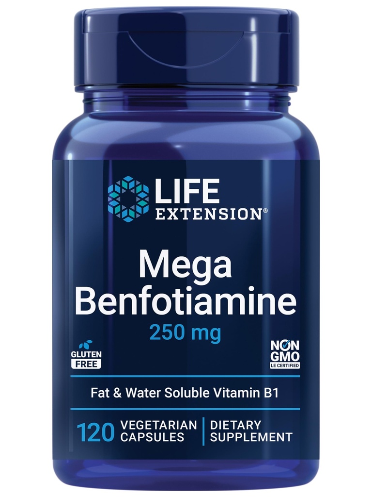 생활 연장 메가 Benfotiamine, 250 mg의 티아민, 건강한 대사, 매우 생물 사용 비타민 B1, 높은 힘, 글루텐 자유로운, 비 GMO, 채식주의자, 120의 캡슐의 지방 수용성 모양