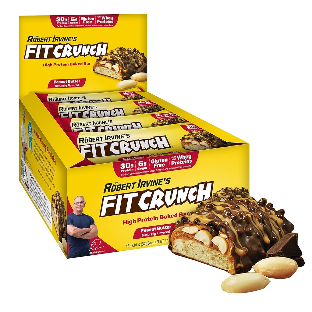 FITCRUNCH 전체 크기 단백질 바, 6 층 베이킹 바, 설탕 6g, 글루텐 무료 및 소프트 케이크 코어 (12 바, 땅콩 버터)