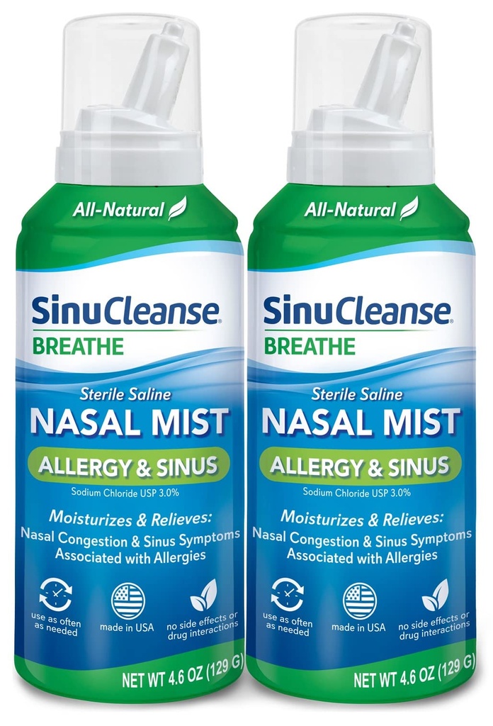 SinuCleanse Allergy & Sinus Sterile Saline Nasal Spray, Ultra Fine Mist, Instantly Moisturizes & Relieves Severe Nasal Congestion 때문에 알레르기, 4.6 Oz (2 팩), 미국에서 만든