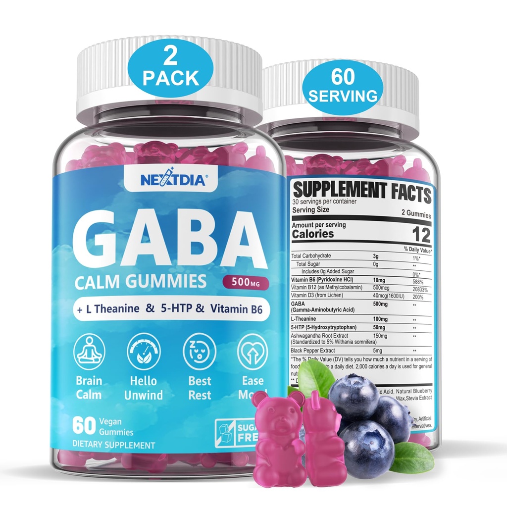 GABA Gummies 500 mg - L Theanine, 5-HTP, 비타민 D3, B12, Ashwagandha, Melatonin-Free for Brain Calm, Mood, Zzz Better, GABA Supplement for Adult, Blueberry flavor, Vegan