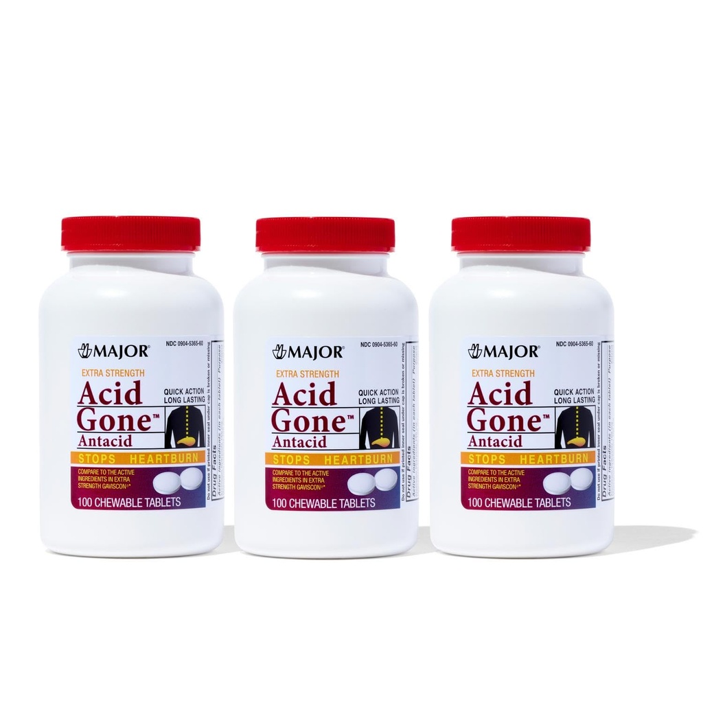 주요 산 Gone 여분 힘 Antacid Chewable 정제 - 반대로 산 기복 - 성인을 위한 산 Reflux 약 - Stomach, 산 Indigestion 및 Heartburn 기복 - 오래 견딘 - 100 조사 (3 팩)