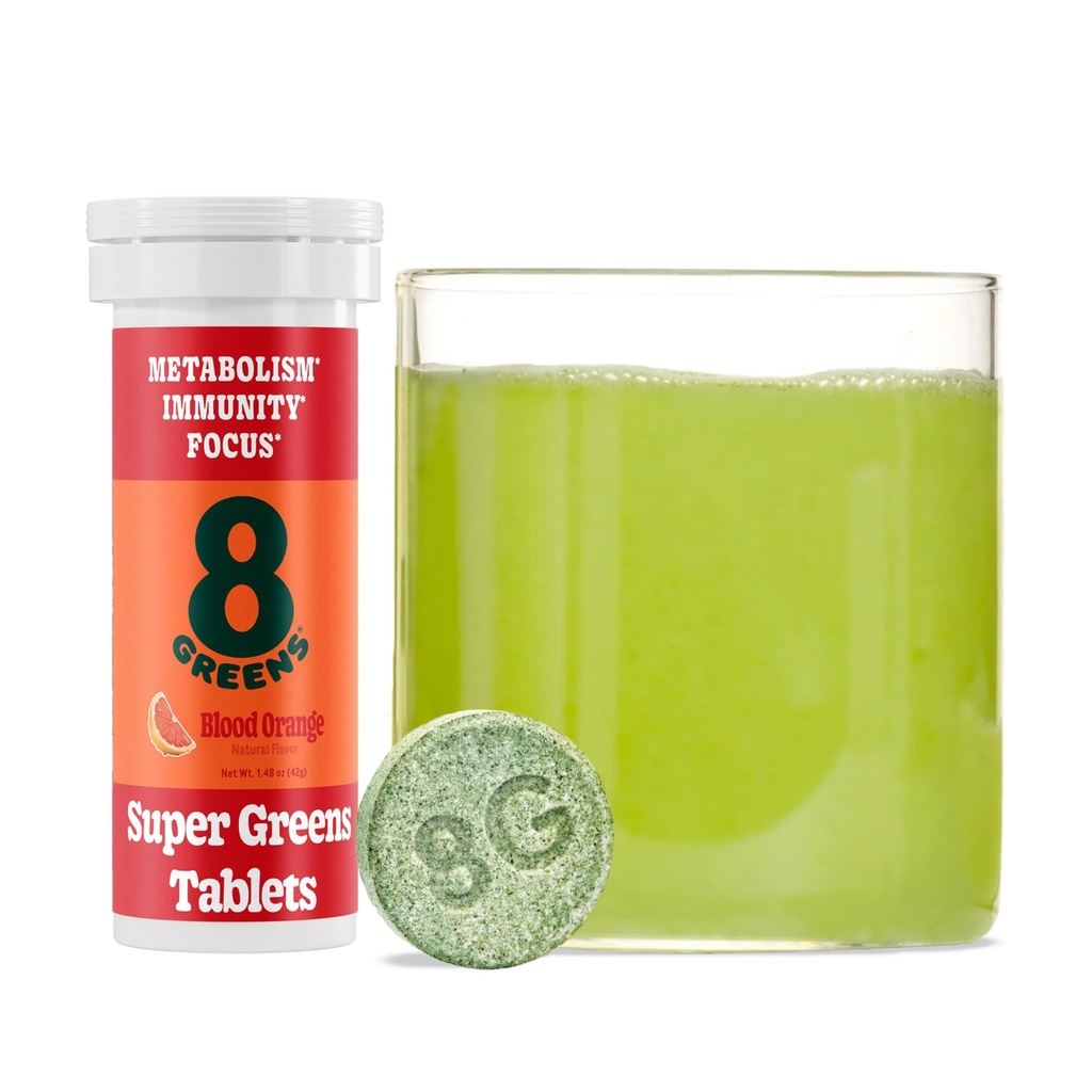 8Greens Supergreens 정제 | 슈퍼 그린 파우더 슈퍼 푸드 태블릿, 메타볼리즘 Immunity & Focus, Daily Greens Effervescent Tablets, Organic: Aloe Vera, Spirulina, Chlorella, Blood Orange, 10 서빙
