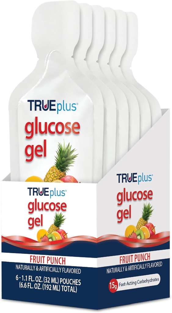 TRUEplus 포도당 젤 주머니, 과일 펀치 맛, 15g 빠른 행동 탄수화물, 지방 무료, 글루텐은, 낮은 혈액 설탕과 에너지, 6 팩을 위한 빠른 지원 해방합니다