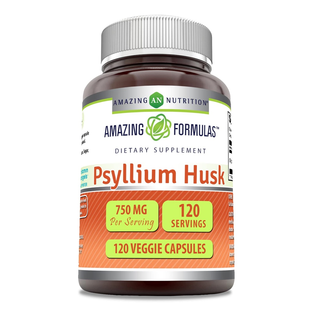 Amazing Formulas Psyllium Husk 750mg Veggie Capsules Supplement | Non-GMO | Gluten Free | Made in USA | 채식주의자에게 적합(120 Count)