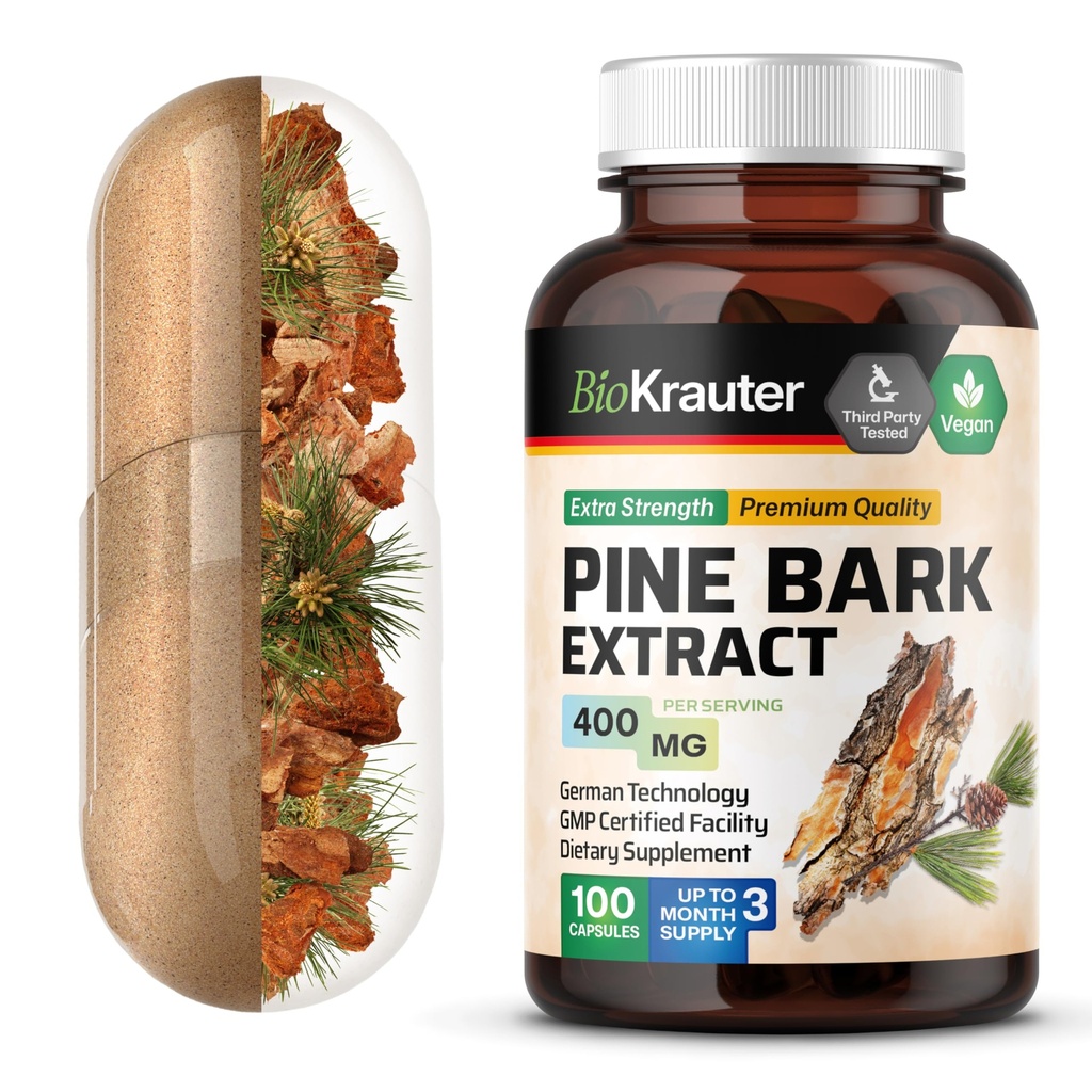 BIO KRAUTER 소나무 껍질 추출물 캡슐 400 mg - 100 조사 - 산화 방지제 보충교재 - 95% Proanthocyanidins - 소나무 껍질 보충교재 - 채식주의자, 충전물 없음