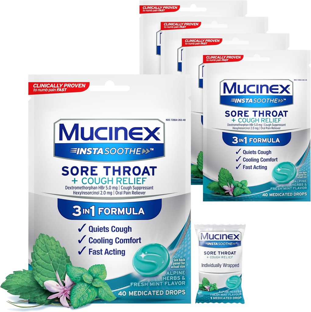 Mucinex InstaSoothe Sore Throat + Cough Relief Alpine Herbs & Mint flavor, 빠른 행동, 냉각 컴포트, 강력한 Sore Throat 구두 통증 Reliever, 40 Medicated Drops (40 카운트 5))