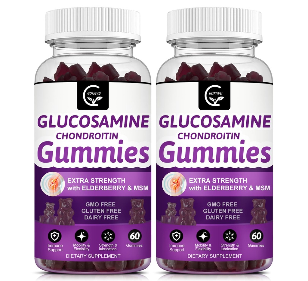 Glucosamine Chondroitin Gummies MSM 및 Elderberry Extra Strength - Flexibility Support, 성인, 남성 및 여성을위한 산화 면역 면역 보조 보조 보조 보조 지원 - 60 Chondroitin Gummies (2 팩)