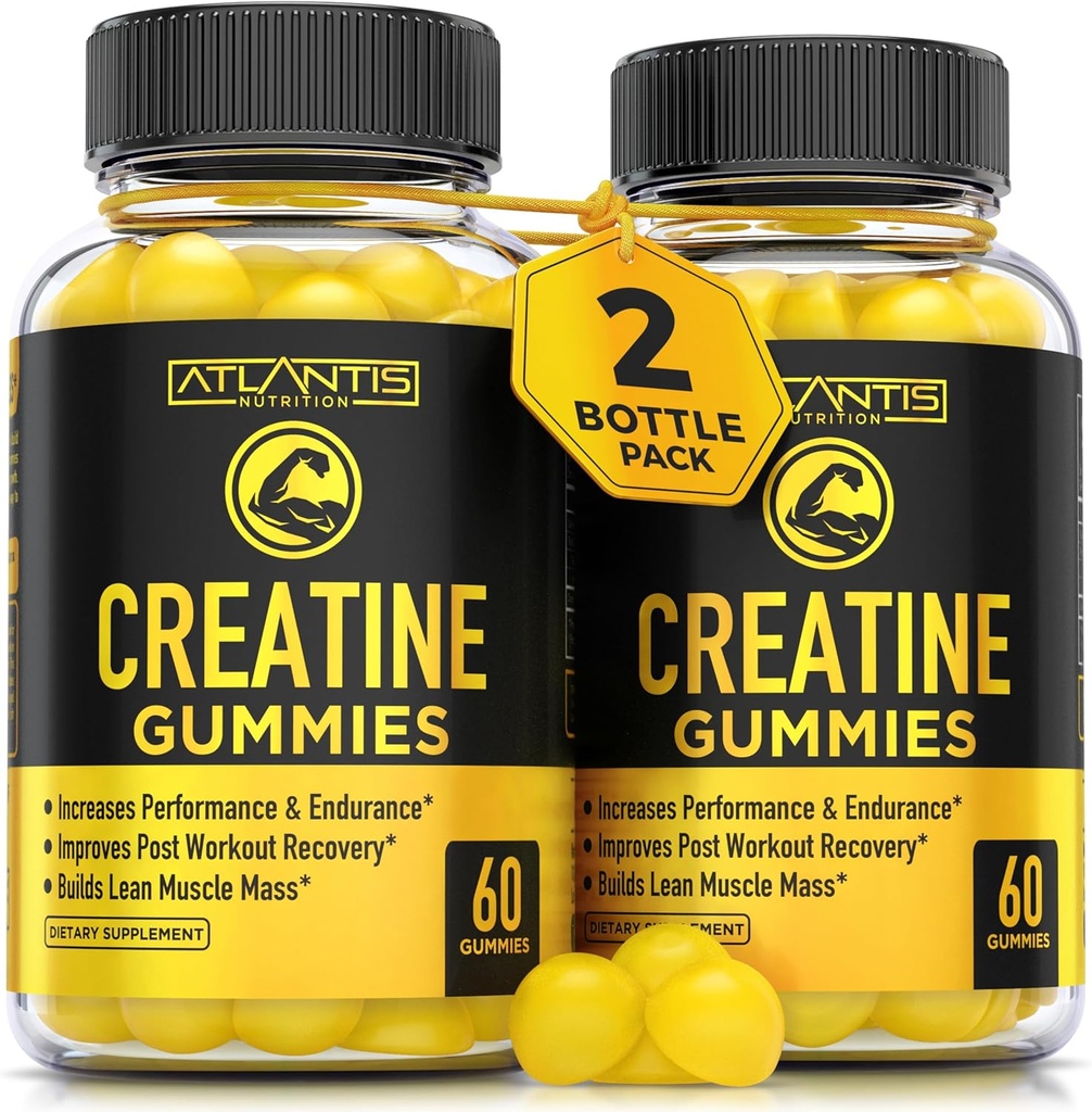 힘 & 운동 성과를 위한 아틀란티스 영양 크레아틴 Monohydrate Gummies - 서빙 당 5g Creatine - 근육, 부스트 성과 & 내구시간을 건설하고 포스트 운동 회복을 개량하십시오 - 120 조사