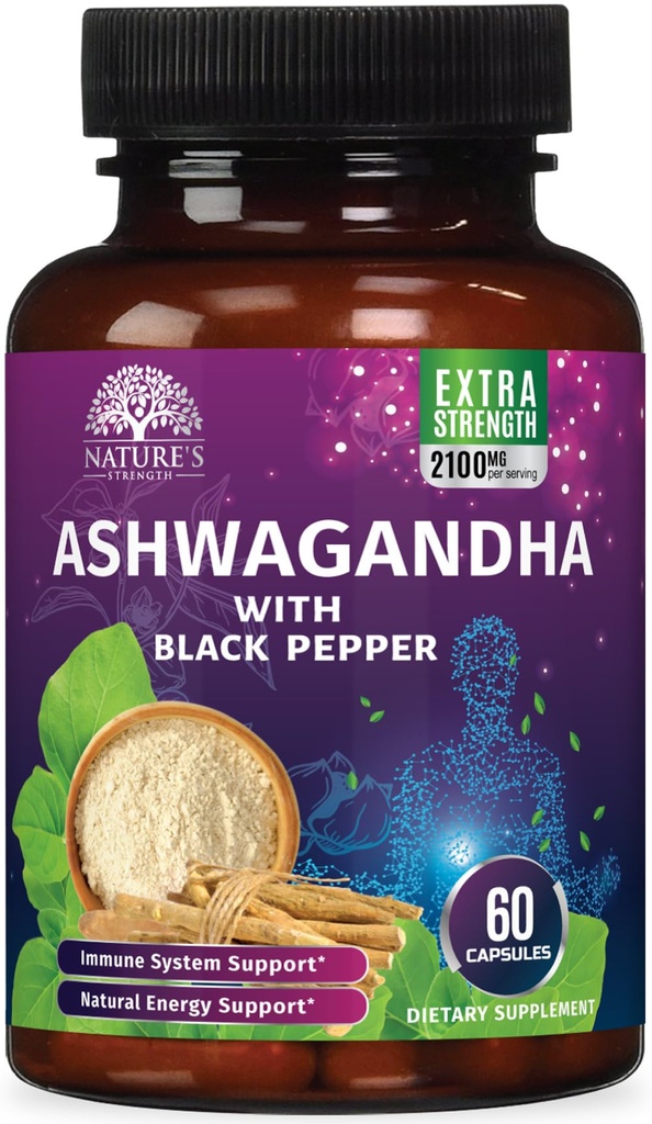 Ashwagandha는 2100mg를 보충합니다 - 최대 흡수를 위한 까만 고추를 가진 여분 힘 Ashwagandha 분말 & 뿌리 추출물, 여자 & 남자, Vegan, 비 GMO - 60의 캡슐을 위한 초본 산화 방지제 보충교재