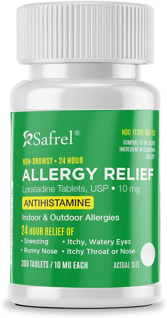Safrel 알레르기 10mg 정제 | Non-Drowsy 24 Hour Allergy Relief Medicine | Runny Nose, Sneezing, Itchy, Watery Eyes (300 Count)에 대한 항히스타민 지원
