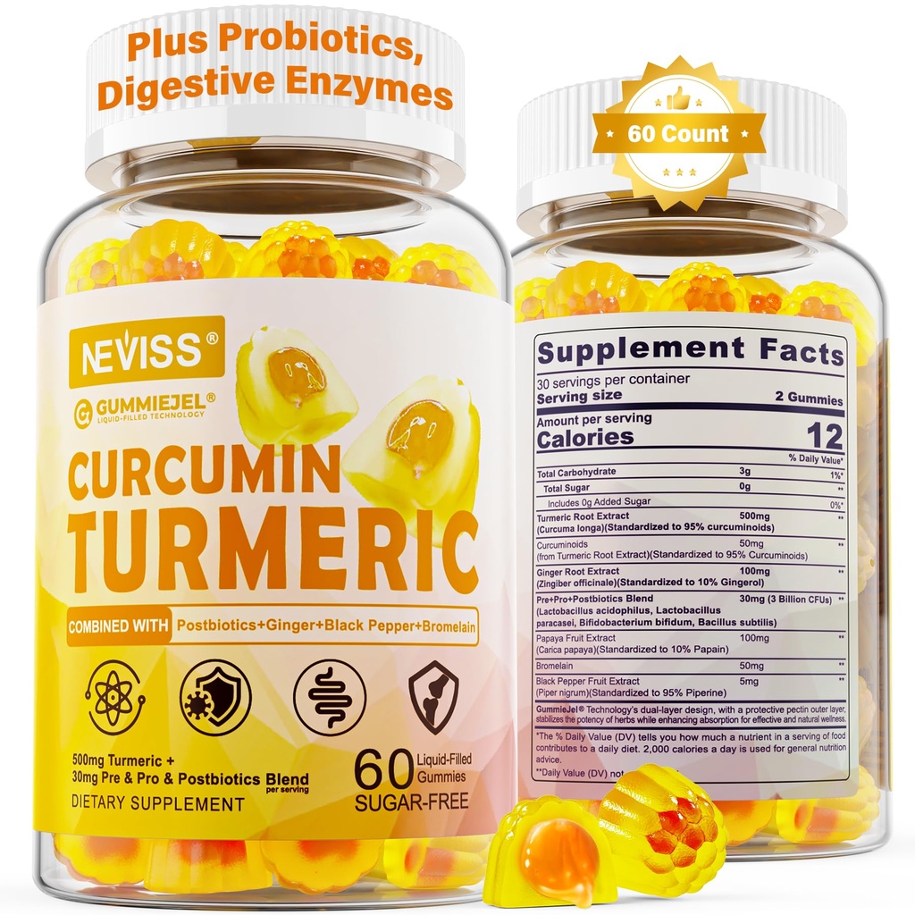 설탕 자유로운 심황 쿠르쿠민은 성인을 위한 Gummies 550mg, 생강 & 까만 고추를 채웠습니다 | 95% Curcuminoids w/Prebiotic Probiotic & Postbiotic 혼합, 지원 면역력, 채식주의자, 60 조사
