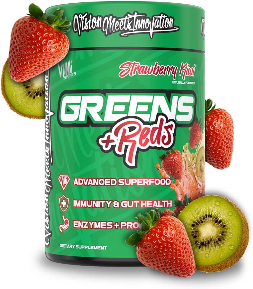 VMI Sports Greens + Reds Advanced Superfood Immunity and Gut Health | 효소 및 프로바이오틱스 | 30 서빙 (딸기 키위)