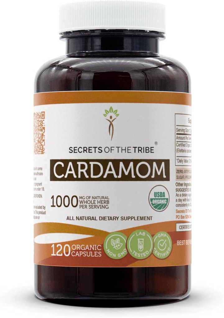 Tribe Cardamom USDA 유기 캡슐의 비밀 | 인증 유기농 채식 캡슐, 초본 다이어트 보충 | Elettaria cardamomum Dried Pod (120 카운트)