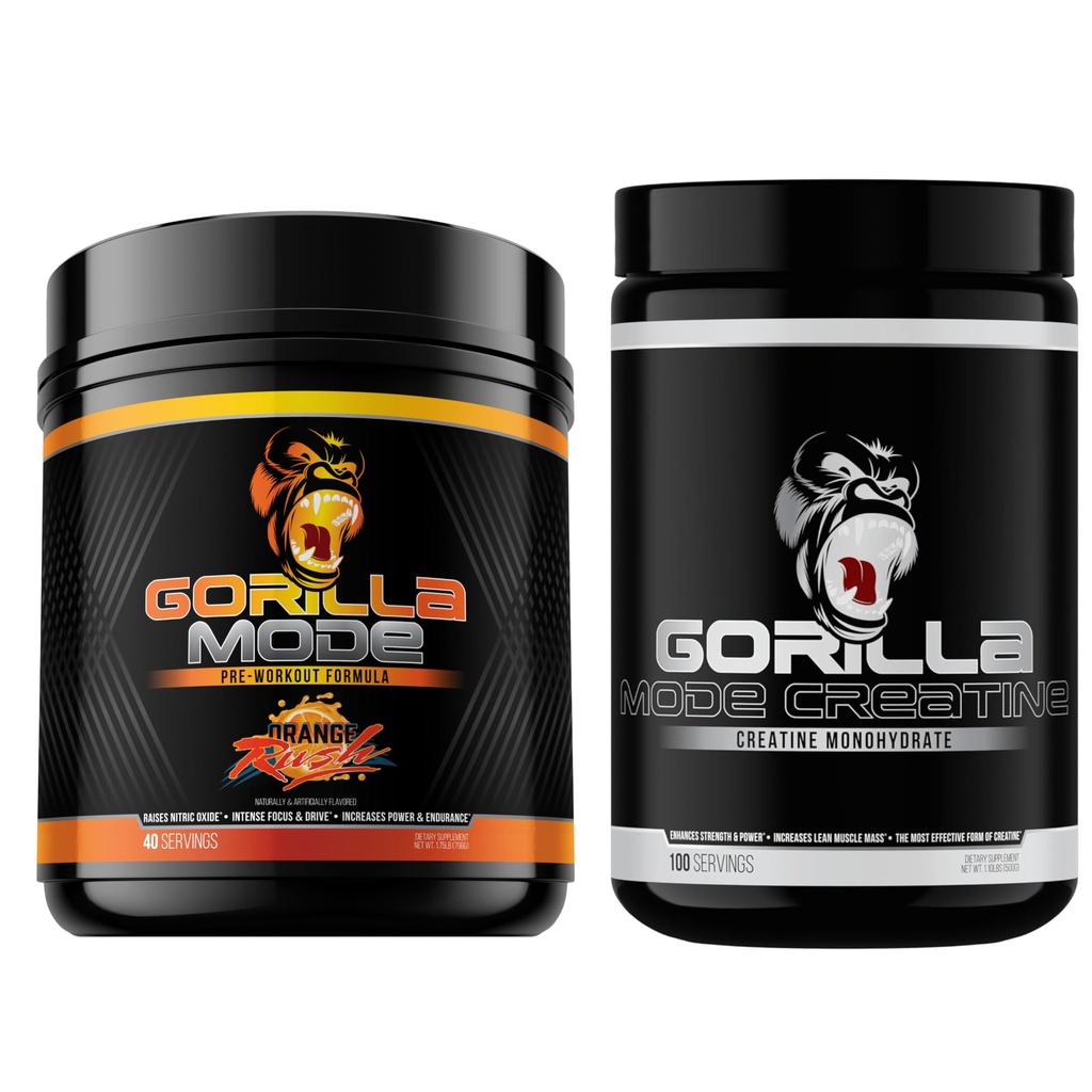 Gorilla Mind Pre Workout (Orange Rush) + Creatine (100 Serv.) - 향상된 강도, 출력 및 근육 크기를위한 종합 스택