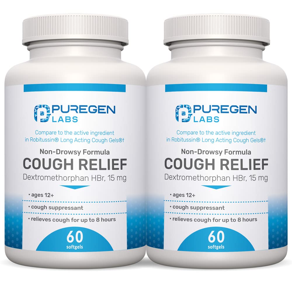 P Puregen Labs Cough Relief for Adults Dextromethorphan HBr 15mg (120 Softgels) 8-Hour, Non-Drowsy, Long-Lasting Bronchial Suppressant |Ages 12+ | Robafen 및 Robitussin 2Pack와 비교