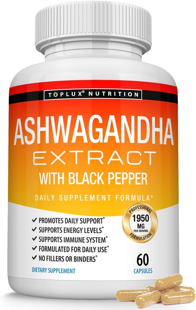 유기 Ashwagandha 뿌리 분말 알약 검정 고추 추출물을 가진 1950 Mg - 순수한 자연적인 Ashwagandha 보충교재, 남자 여자를 위한 지원 에너지, 60의 캡슐