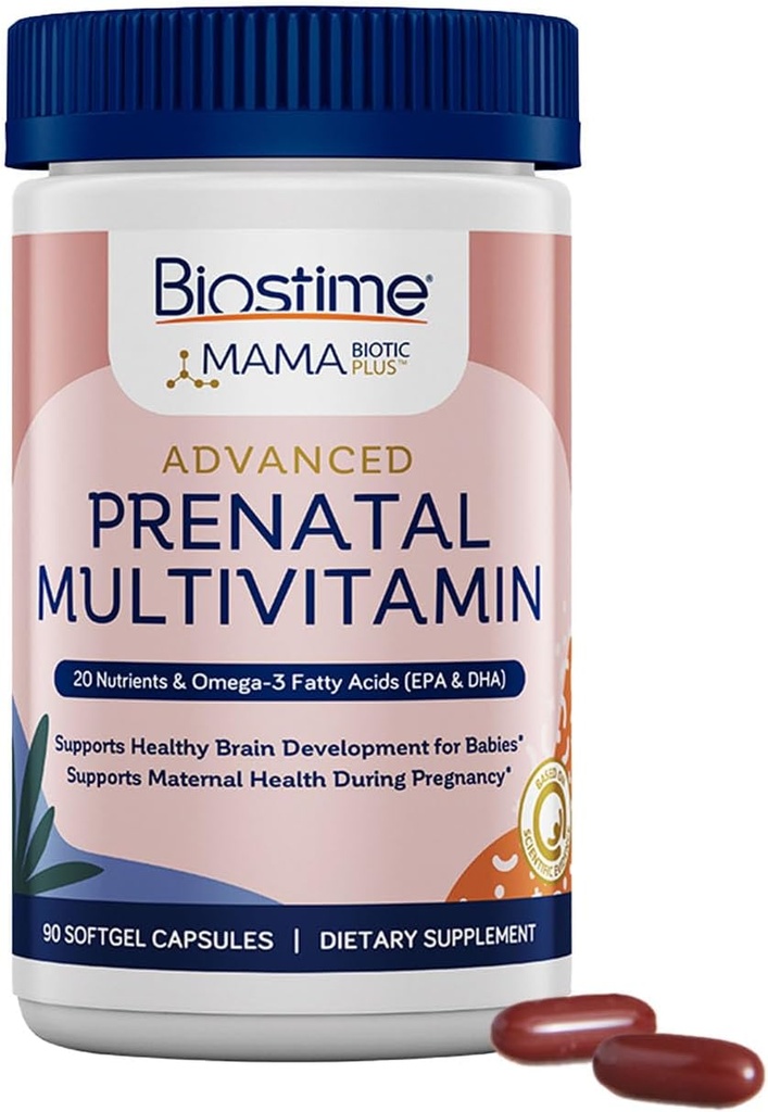 Biostime Advanced Prenatal Vitamins for Women | 20 Nutrients, Multivitamin, Folic Acid, Iron, Prebiotic 및 Omega 3 EPA 및 DHA 지방산 | 임신 비타민 및 지원 보충교재 | 90 Softgel 알약